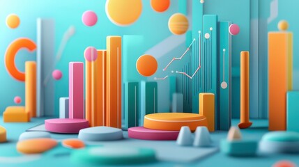 Poster - a colorful, abstract 3d representation of varying geometric shapes and bars, set against a turquoise