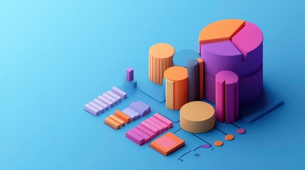 Poster - a colorful 3d representation of various charts and graphs displaying data analytics on a blue backgr