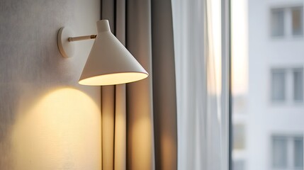 Close-up of a wall lamp in a hotel room, with a white background and a window view