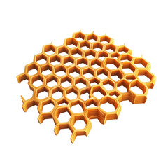Poster - A three dimensional digital rendering of an abstract golden honeycomb structure exhibiting a complex geometric pattern.