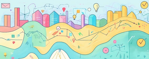 Poster - a colorful, whimsical illustration featuring abstract buildings, graphs, and icons, representing dat