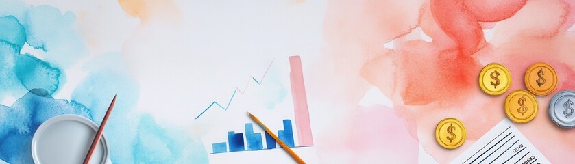 Poster - a creative workspace featuring watercolor graphics, financial charts, paintbrushes, coins, and a not