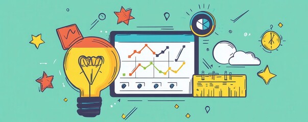 Poster - a creative illustration featuring a light bulb, graphs, a ruler, and stars, symbolizing innovation, 
