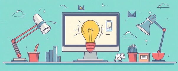 Poster - a colorful workspace featuring a computer with a light bulb graphic, surrounded by desk lamps, books