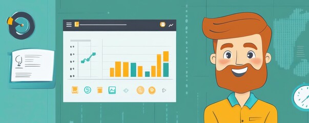 Poster - a cheerful character presents a colorful data dashboard, showcasing graphs and statistics on a teal 