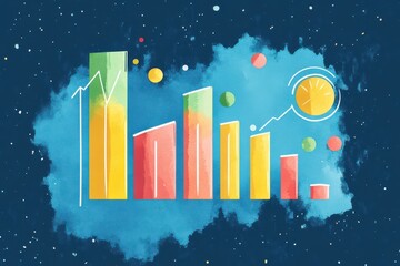 Poster - colorful bar graphs on a blue background illustrate data trends, with circles representing key metri