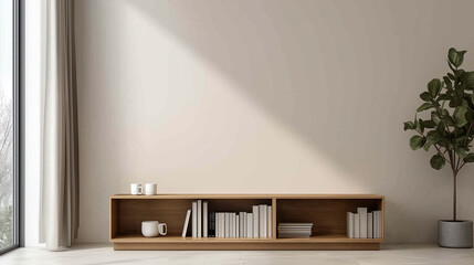 Poster - Minimalist living room interior with wooden media console and natural decor. Beige wall, light stone floor, and green plant creating a serene and stylish atmosphere in soft natural lighting.