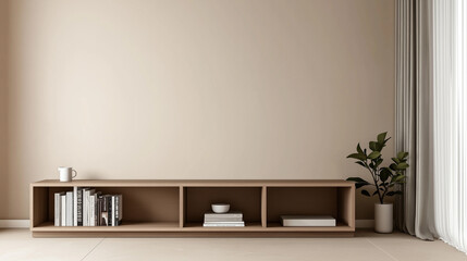 Poster - Minimalist living room interior with wooden media console and natural decor. Beige wall, light stone floor, and green plant creating a serene and stylish atmosphere in soft natural lighting.