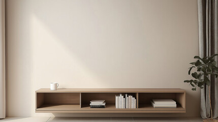 Poster - Minimalist living room interior with wooden media console and natural decor. Beige wall, light stone floor, and green plant creating a serene and stylish atmosphere in soft natural lighting.