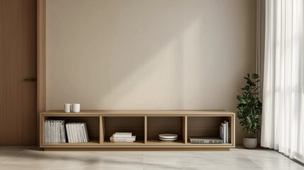 Poster - Minimalist living room interior with wooden media console and natural decor. Beige wall, light stone floor, and green plant creating a serene and stylish atmosphere in soft natural lighting.
