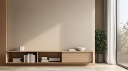 Poster - Minimalist living room interior with wooden media console and natural decor. Beige wall, light stone floor, and green plant creating a serene and stylish atmosphere in soft natural lighting.