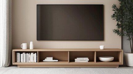 Poster - Minimalist living room interior with wooden media console and natural decor. Beige wall, light stone floor, and green plant creating a serene and stylish atmosphere in soft natural lighting.