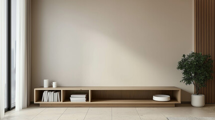Poster - Minimalist living room interior with wooden media console and natural decor. Beige wall, light stone floor, and green plant creating a serene and stylish atmosphere in soft natural lighting.