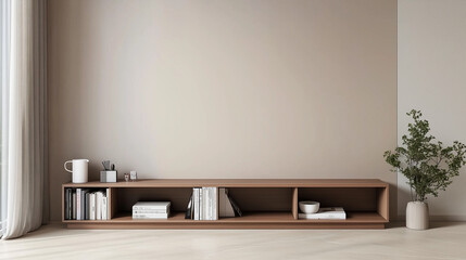 Poster - Minimalist living room interior with wooden media console and natural decor. Beige wall, light stone floor, and green plant creating a serene and stylish atmosphere in soft natural lighting.