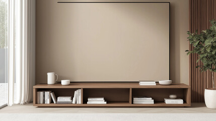 Poster - Minimalist living room interior with wooden media console and natural decor. Beige wall, light stone floor, and green plant creating a serene and stylish atmosphere in soft natural lighting.