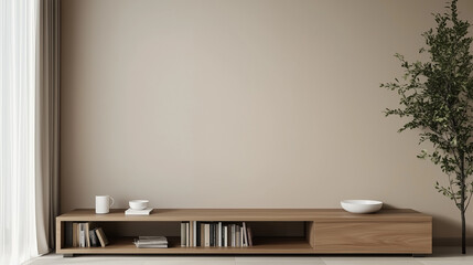 Poster - Minimalist living room interior with wooden media console and natural decor. Beige wall, light stone floor, and green plant creating a serene and stylish atmosphere in soft natural lighting.