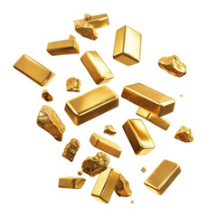 Poster - A collection of gold bars and raw gold nuggets falling against a stark black backdrop.
