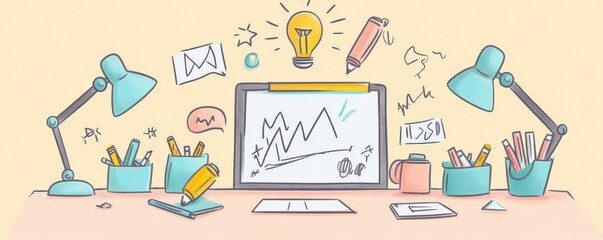 Poster - a colorful illustration of a creative workspace with lamps, stationery, a monitor displaying graphs,