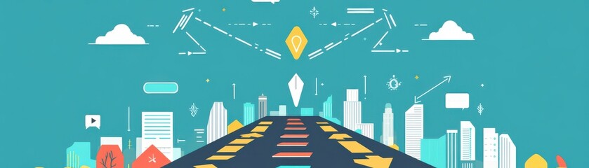 Poster - a vibrant, digital skyline with a road leading towards abstract geometric shapes and clouds, suggest