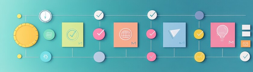 Poster - a colorful infographic illustrating a flowchart with various icons representing tasks and processes.