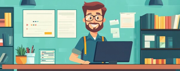 Poster - a cheerful man with glasses sits at a desk, working on a laptop in a colorful workspace filled with 