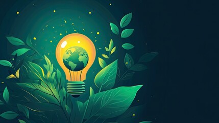Poster - Eco-Friendly Innovation Concept with Light Bulb and Globe Surrounded by Lush Green Leaves Representing Sustainable Energy and Environmental Awareness