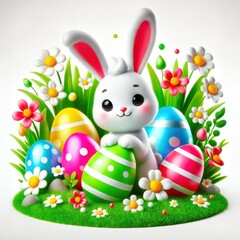 Wall Mural - adorable white bunny surrounded by colorful easter eggs and spring flowers in a lush green grassy setting concept of easter celebrations, spring decor, holiday greetings.