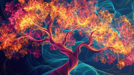 Poster - Vibrant Abstract Tree with Colorful Leaves Set Against a Dark Background, Featuring Swirling Patterns and Illuminating Effects for Artistic and Nature-Inspired Projects