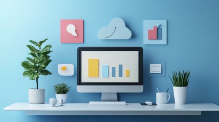 Poster - a modern workspace featuring a computer displaying graphs, surrounded by decorative plants and color