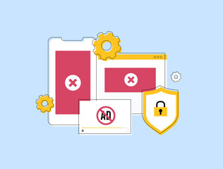 Fototapete - Ad blocking illustration - mobile and web screens, security shield and crossed ads, highlighting privacy protection, pop-up removal, ad-free browsing, online safety and user experience enhancement