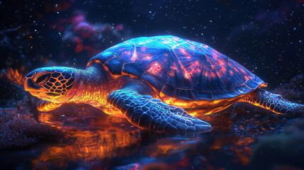 Wall Mural - Lava Sea Turtle: A mesmerizing digital painting of a sea turtle, its shell glowing with vibrant lava-like patterns against a backdrop of deep ocean and starry night.