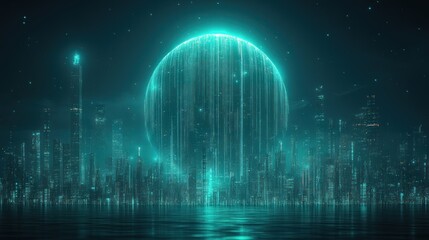 Poster - Futuristic Cityscape: Neon Glow and Digital Sphere