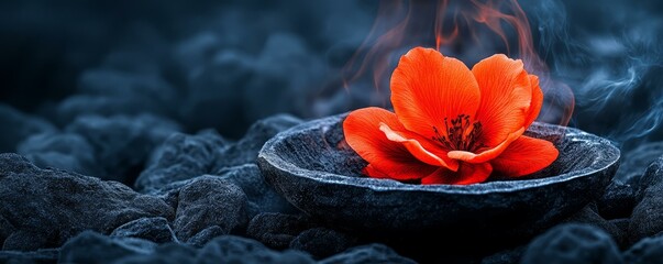 Wall Mural - Flower in a bowl resting on a rock with natural surroundings