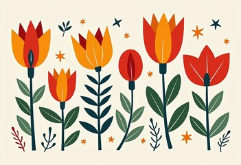 Poster - Organic Scandinavian Illustration: Flat Design, Red and Orange Floral, Balloons, White Background, Yellow Star Details, Blue and Green Colors, Wall Art, Isolated on Cream