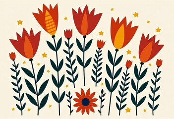 Poster - Folk Art Floral Print: Scandinavian Style, Bold Lines, Simple Shapes, Red and Orange Flowers, Balloons, White Background, Blue and Green Tones, Organic, Wall Decor,