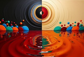 Poster - Vertical mirror abstract: black & white swirl above red gradient & reflection, dynamic, colorful concentric circles, symmetrical flow
