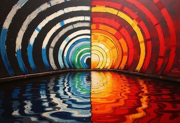 Poster - Symmetrical abstract: red gradient base, mirrored black & white swirls, vibrant concentric circles for a flowing, dynamic design