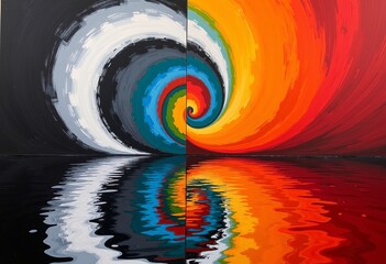 Poster - Abstract art: black & white swirl over red gradient, reflection, vertical mirror, colorful concentric circles, dynamic flow, symmetrical. 



