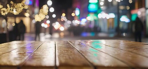 Poster - Night city street, wooden table, bokeh lights, product display