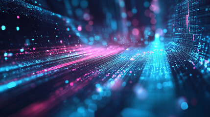 Fototapete - Dynamic representation of blockchain technology with vibrant lights and data streams in a digital landscape. Generative AI