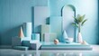 © Jane Studio - Serene Pastel Blue Minimalist Product Display Scene with Geometric Shapes and Tropical Plant