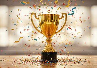 gold cup, achievement award confetti around . generative ai