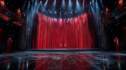 Empty theater stage with red curtains and spotlight