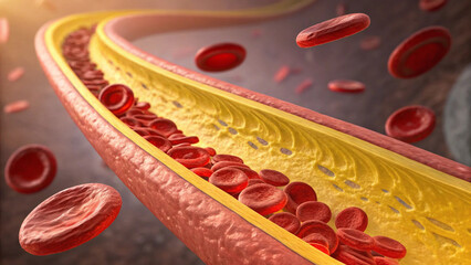 Cholesterol blocked artery. The accumulation of cholesterol in the blood vessels. Stent angioplasty. 3d illustration