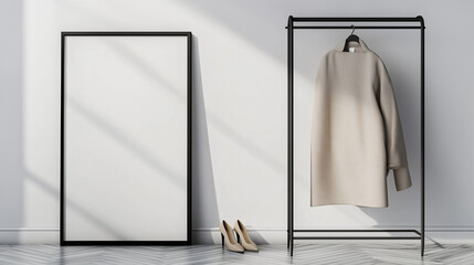 Poster - Modern minimalist interior with black metal clothing rack holding beige coat and trousers, large blank black-framed canvas leaning against white wall, herringbone wood floor, sunlight shadows, and bei