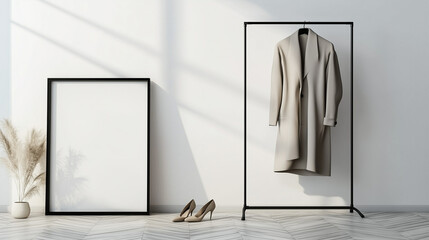 Poster - Modern minimalist interior with black metal clothing rack holding beige coat and trousers, large blank black-framed canvas leaning against white wall, herringbone wood floor, sunlight shadows, and bei