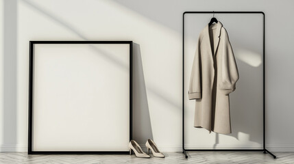 Poster - Modern minimalist interior with black metal clothing rack holding beige coat and trousers, large blank black-framed canvas leaning against white wall, herringbone wood floor, sunlight shadows, and bei