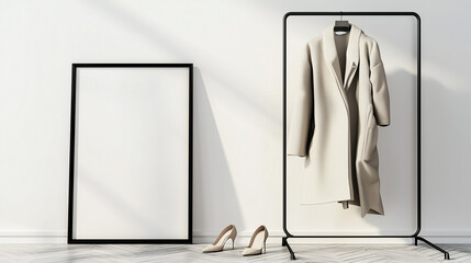 Poster - Modern minimalist interior with black metal clothing rack holding beige coat and trousers, large blank black-framed canvas leaning against white wall, herringbone wood floor, sunlight shadows, and bei