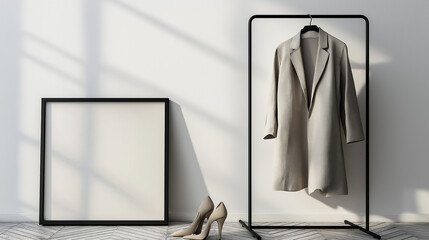 Poster - Modern minimalist interior with black metal clothing rack holding beige coat and trousers, large blank black-framed canvas leaning against white wall, herringbone wood floor, sunlight shadows, and bei