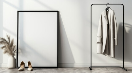 Poster - Modern minimalist interior with black metal clothing rack holding beige coat and trousers, large blank black-framed canvas leaning against white wall, herringbone wood floor, sunlight shadows, and bei